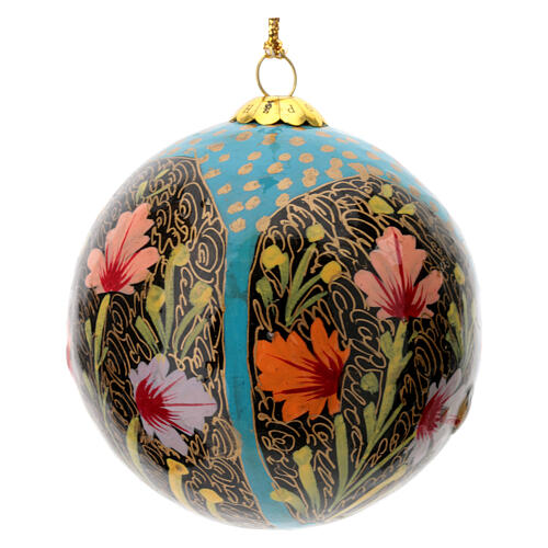 Papier-mâché Christmas tree ball, light blue with flowers, 3 in 2