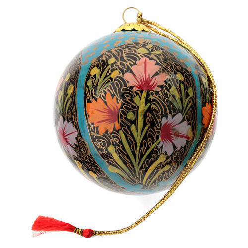 Sky blue Christmas tree bauble with flowers 80 mm paper mache 3