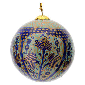 Papier-mâché Christmas tree ball, blue and gold with flowers, 3 in