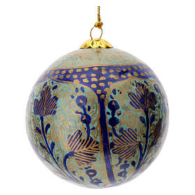 Papier-mâché Christmas tree ball, blue and gold with flowers, 3 in