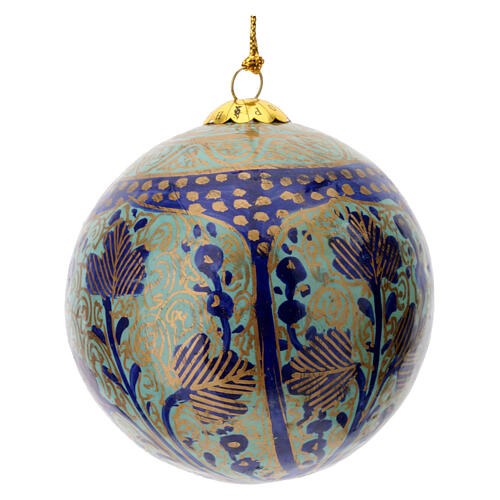 Papier-mâché Christmas tree ball, blue and gold with flowers, 3 in 2