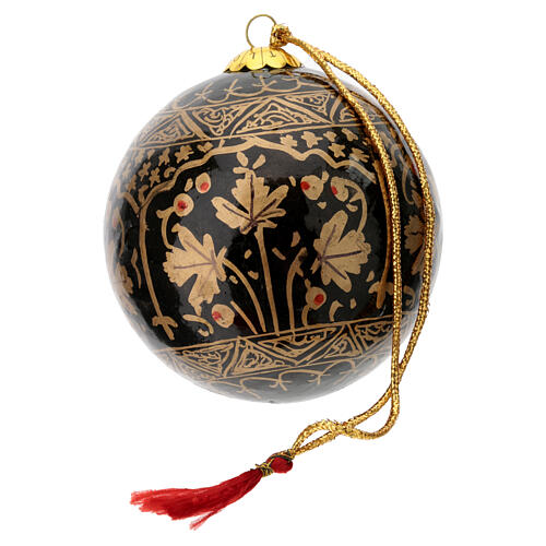 Papier-mâché Christmas tree ball, black with golden pattern, 3 in 3