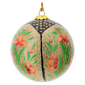 Papier-mâché Christmas tree ball, black and cream-coloured with salmon flowers, 3 in