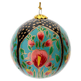 Papier-mâché Christmas tree ball, black light blue with tulips, 3 in