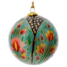 Papier-mâché Christmas tree ball, black light blue with tulips, 3 in