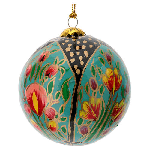 Papier-mâché Christmas tree ball, black light blue with tulips, 3 in 2