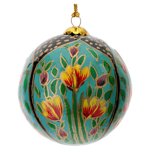 Papier-mâché Christmas tree ball, black light blue with tulips, 3 in 3