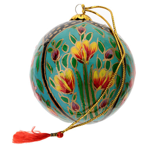 Papier-mâché Christmas tree ball, black light blue with tulips, 3 in 4