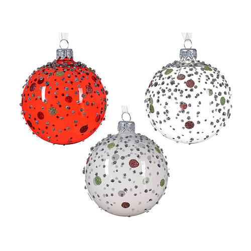 Glass Christmas balls with glittery dots, 3 in, set of different colours 2