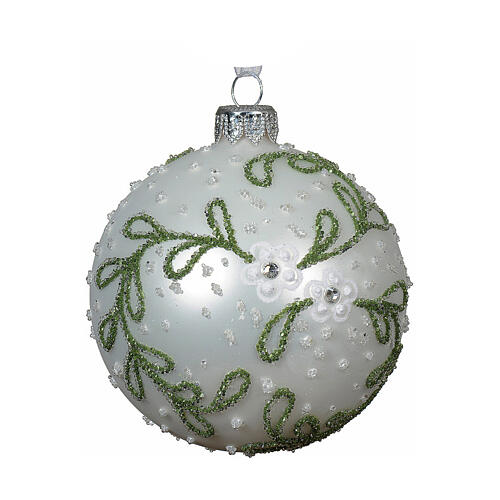 Boule Noël verre blanc mat branche avec fleur 80 mm 1