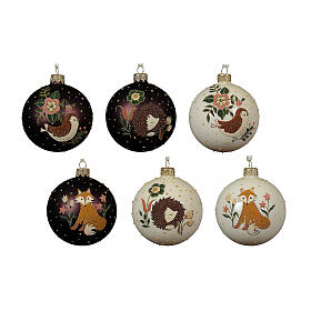 Christbaumkugeln aus matt lackiertem Glas mit Waldtieren – Ø 80 mm, 6er-Set, sortierte Motive