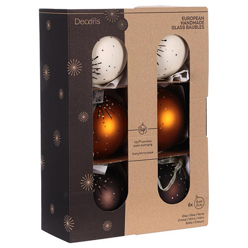 Christmas balls, mixed warm colours and white, opaque glass, 3 in 5