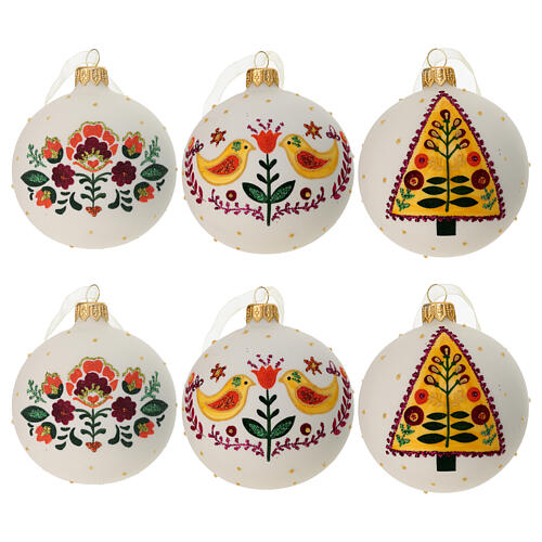 Opaque glass Christmas ornaments, traditional folklore patterns, 3 in 2