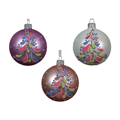 Opaque Christmas ornaments with stylised tree, two colours, 3 in 2