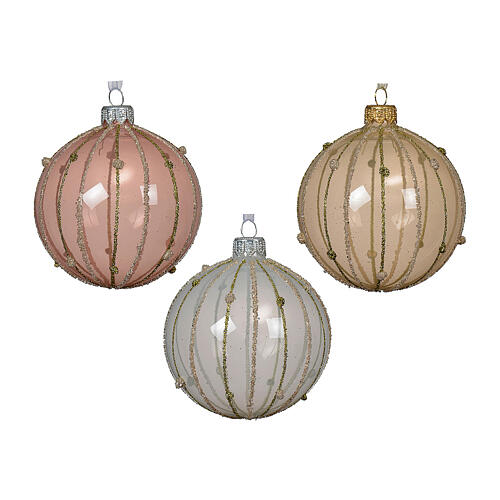 Clear enamelled glass Christmas ball with glittery vertical lines, 3 in 2