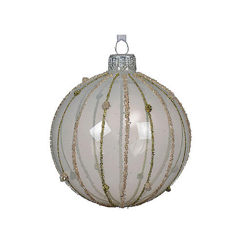 Clear enamelled glass Christmas ball with glittery vertical lines, 3 in 3