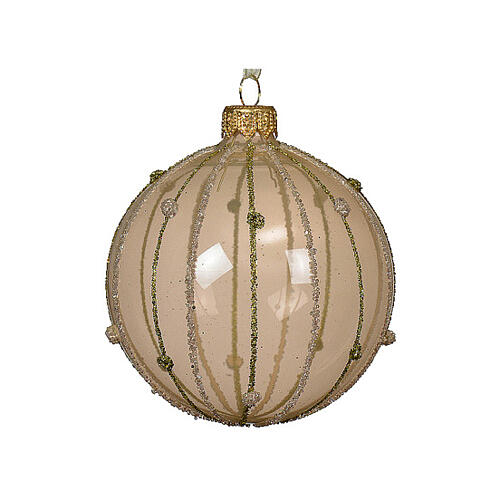 Clear enamelled glass Christmas ball with glittery vertical lines, 3 in 4