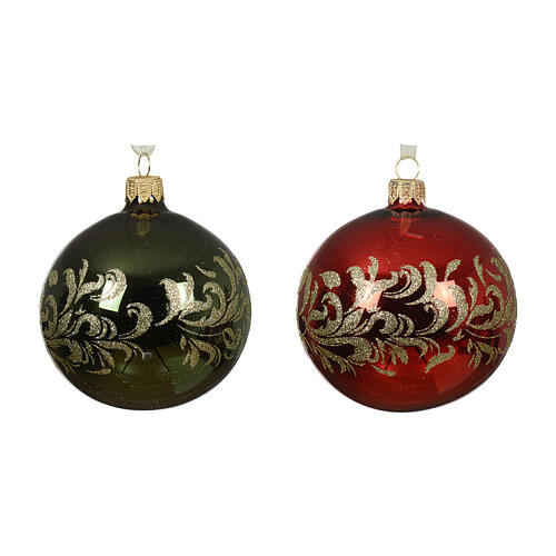 Glass Christmas balls with golden leaf pattern, set with two colours, 3 in 2