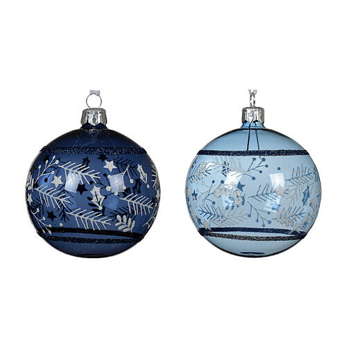 Christmas ball with silver branch pattern, blue clear glass, 3 in 2