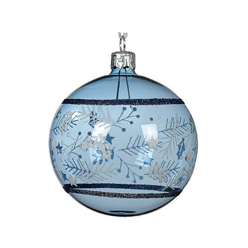 Christmas ball with silver branch pattern, blue clear glass, 3 in 3