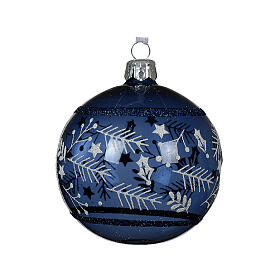 Glossy glass bauble with branch decoration 80 mm transparent blue