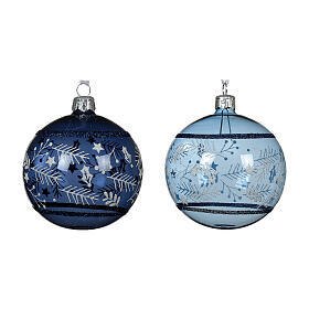 Glossy glass bauble with branch decoration 80 mm transparent blue