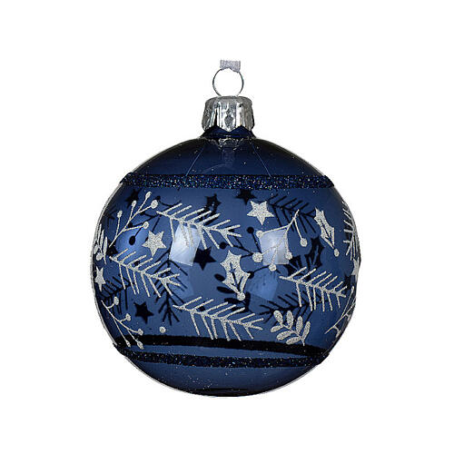 Glossy glass bauble with branch decoration 80 mm transparent blue 1