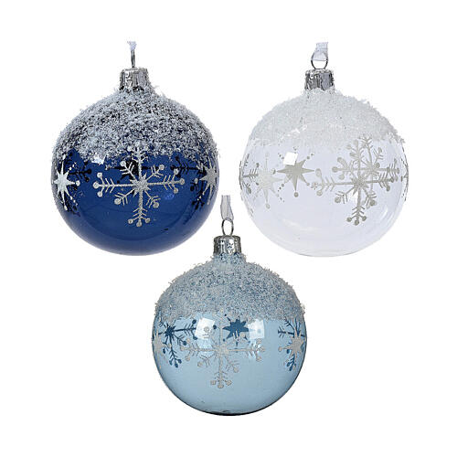 Christmas ball with snow and snowflakes, three colours, 3 in 2