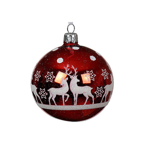 Glass Christmas ball, glossy enamel, deer on the snow, 3 in 1