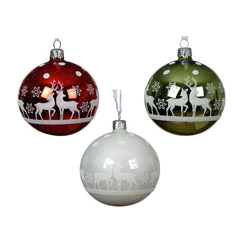 Glass Christmas ball, glossy enamel, deer on the snow, 3 in 2