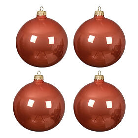 Set of 4 orange shiny blown glass baubles 100 mm