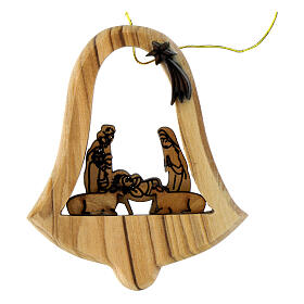 Bell-shaped ornament for Christmas tree with Nativity, Bethlehem olivewood, h 3 in