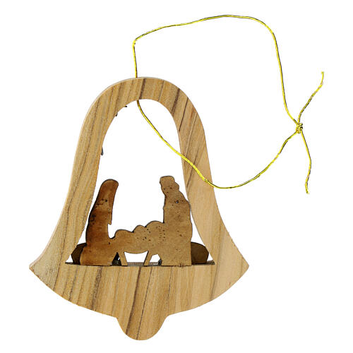 Bell-shaped ornament for Christmas tree with Nativity, Bethlehem olivewood, h 3 in 3