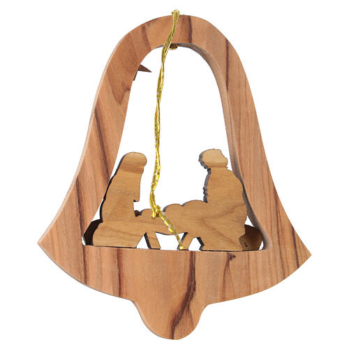 Nativity Christmas tree bell ornament in Bethlehem olive wood 8 cm 3