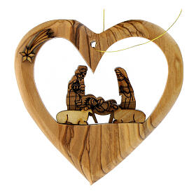 Heart-shaped ornament for Christmas tree with Nativity, olivewood, 3 in