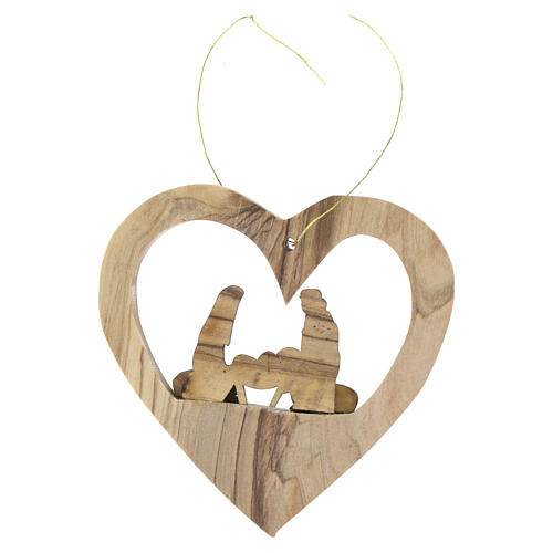 Heart-shaped ornament for Christmas tree with Nativity, olivewood, 3 in 3