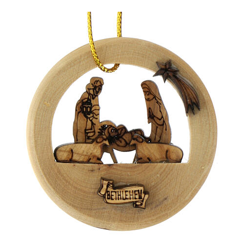 Round ornament for Christmas tree with Nativity, olivewood, 2.5 in 1
