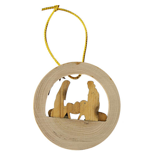 Round ornament for Christmas tree with Nativity, olivewood, 2.5 in 3