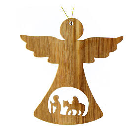 Olivewood angel with Flight into Egypt, Christmas tree ornament, 2.5 in