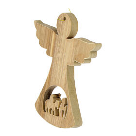 Olivewood angel with Flight into Egypt, Christmas tree ornament, 2.5 in