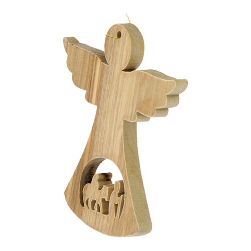 Olivewood angel with Flight into Egypt, Christmas tree ornament, 2.5 in 2