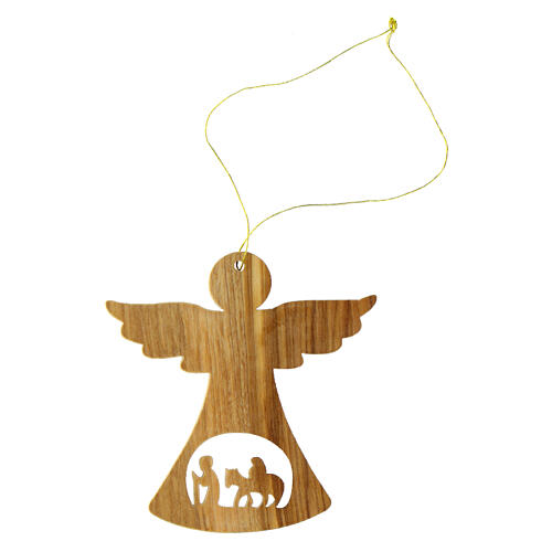 Olivewood angel with Flight into Egypt, Christmas tree ornament, 2.5 in 3