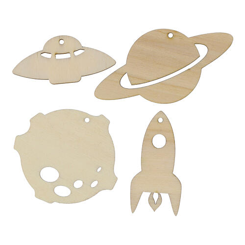 Wood decorations, space-themed, SPIRA Small, set of 8 3