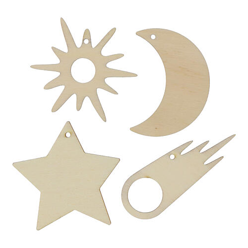 Wood decorations, space-themed, SPIRA Small, set of 8 4