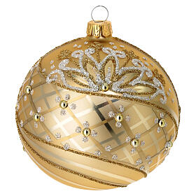 Weihnachtskugel aus mundgeblasenem Glas, gold-satiniert mit Glitzerdekor in Gold und Weiß, Ø 10 cm