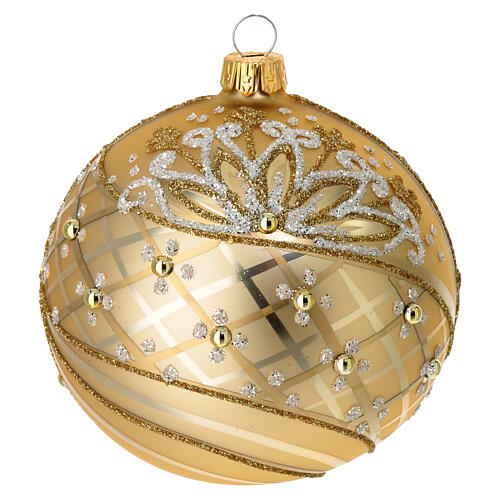 Weihnachtskugel aus mundgeblasenem Glas, gold-satiniert mit Glitzerdekor in Gold und Weiß, Ø 10 cm 1