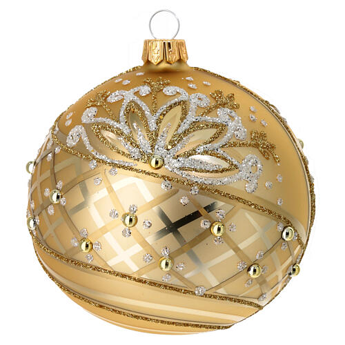 Weihnachtskugel aus mundgeblasenem Glas, gold-satiniert mit Glitzerdekor in Gold und Weiß, Ø 10 cm 3