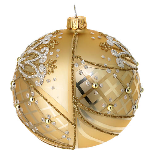 Christmas tree ball of blown glass, dull gold with golden and white glitter, 4 in 2