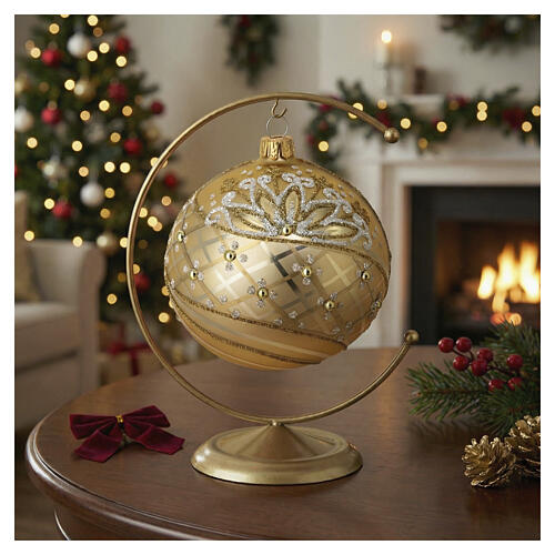 Christmas tree ball of blown glass, dull gold with golden and white glitter, 4 in 2