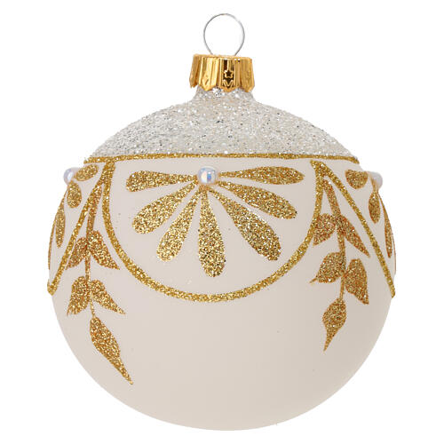 Weihnachtskugeln, 6er-Set, aus mundgeblasenem Glas, weiß-matt mit floralen Glitzerdekoren in Gold und Silber, Ø 8 cm 4